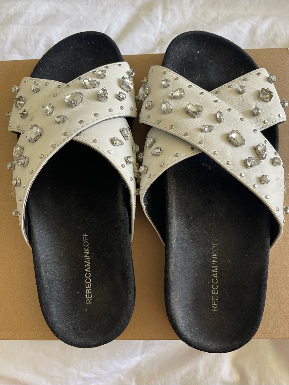 Rebecca Minkoff White Crystal-Embellished Crossband Slide Sandals